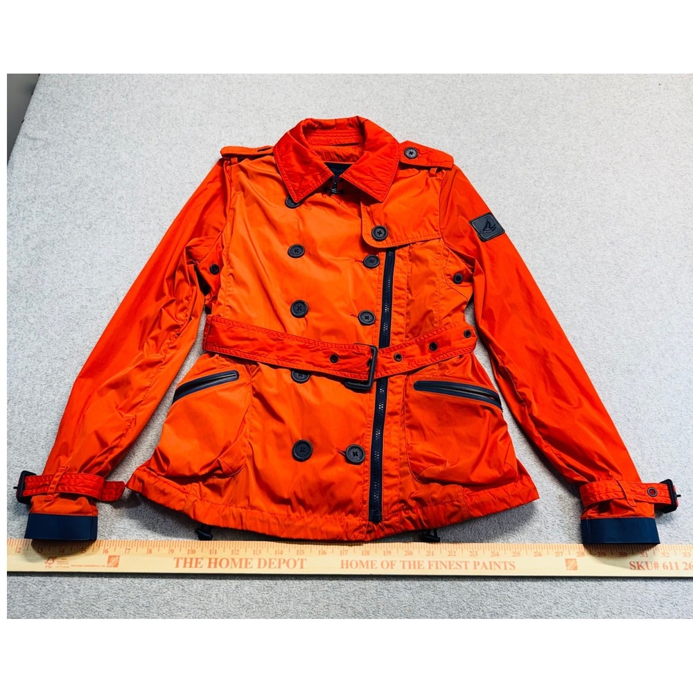 Sperry Top-Sider Womens S Orange Trench Rain Jacket Belted Double Breasted Coat